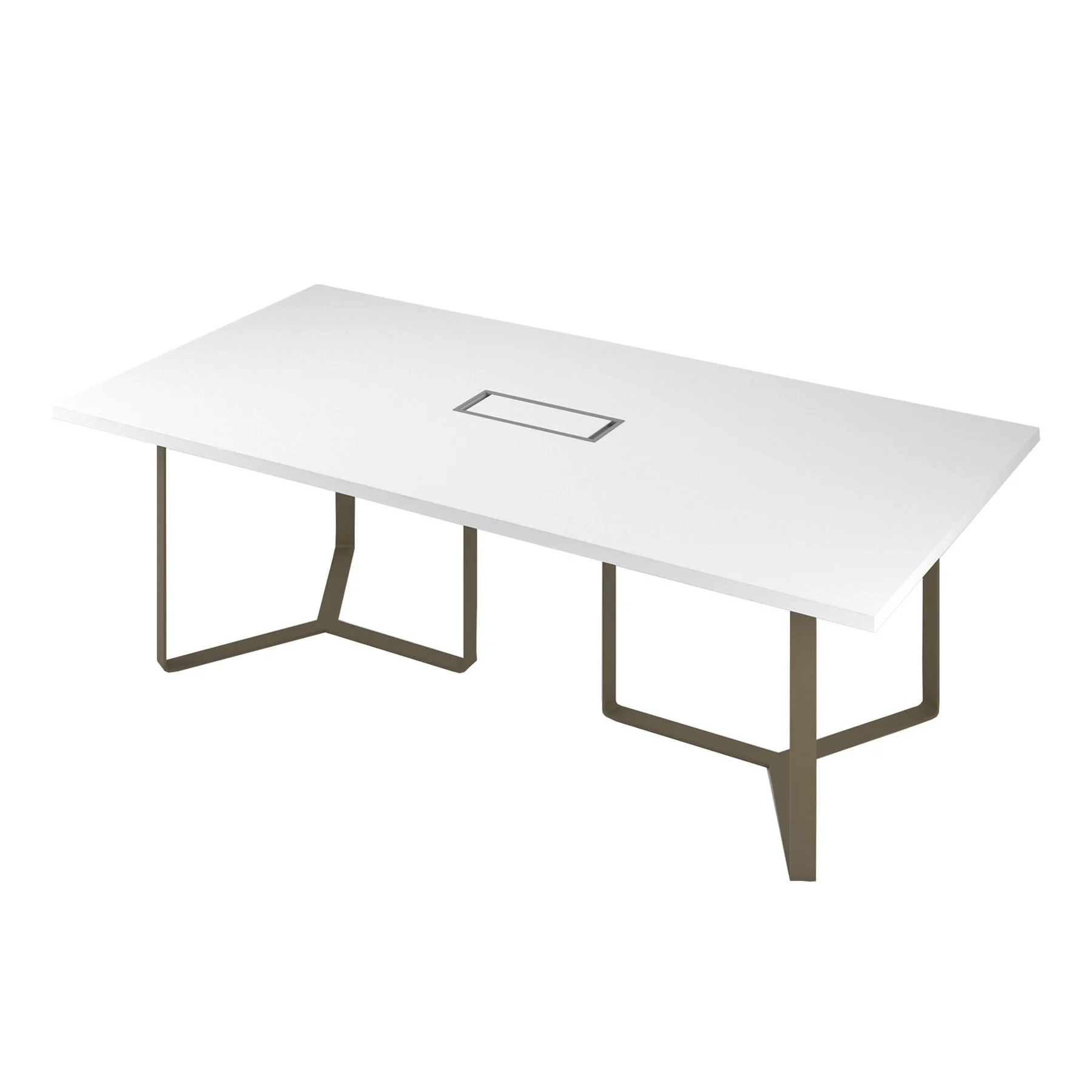 Conference table Narbutas Plana, 2400 x 1200 x 750 mm, rectangular top, chipboard 36 mm, white melamine, dark grey metal, white metal cable box