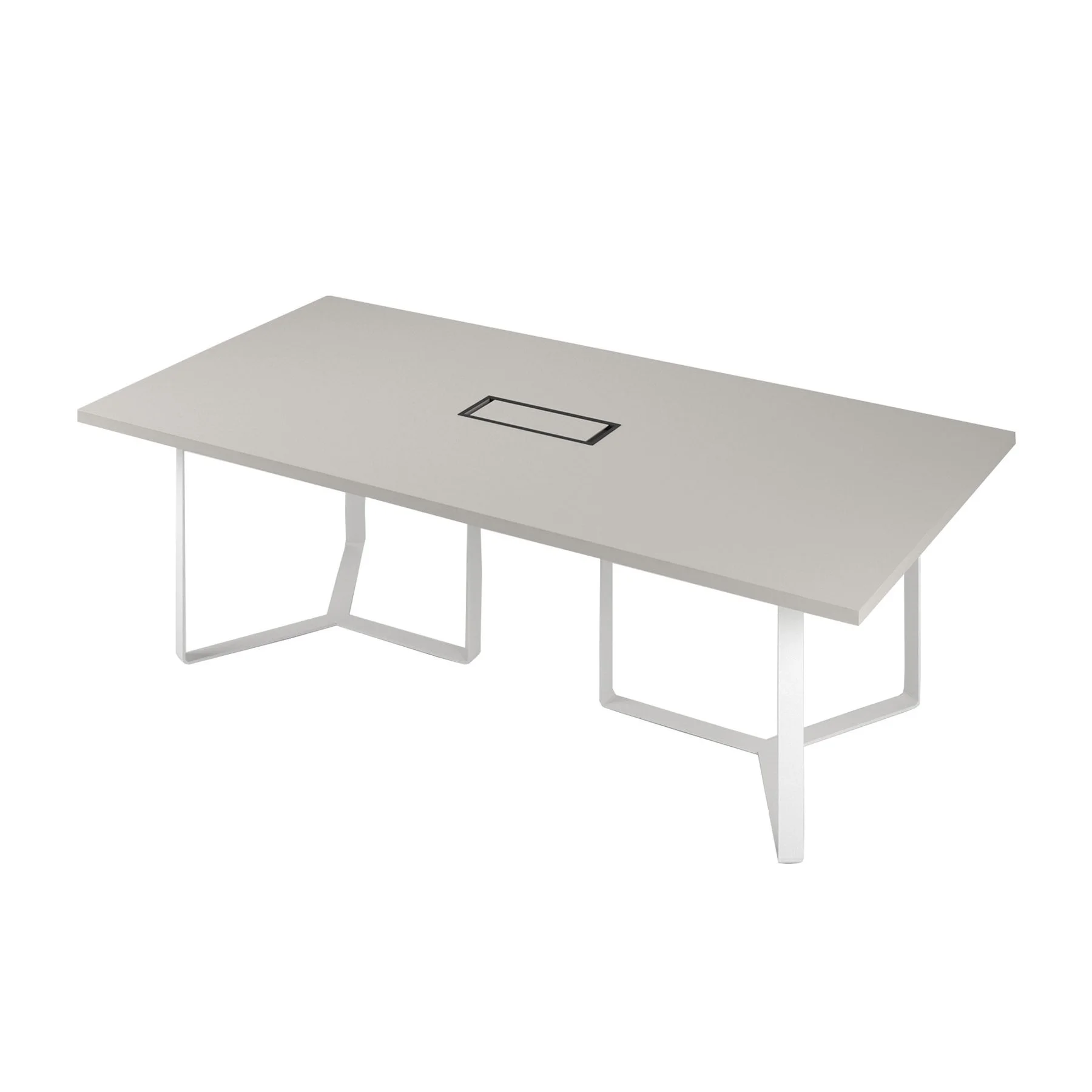 Conference table Narbutas Plana, 4200 x 1200 x 750 mm, rectangular top, chipboard 36 mm, amber oak melamine, white metal, grey metal cable box