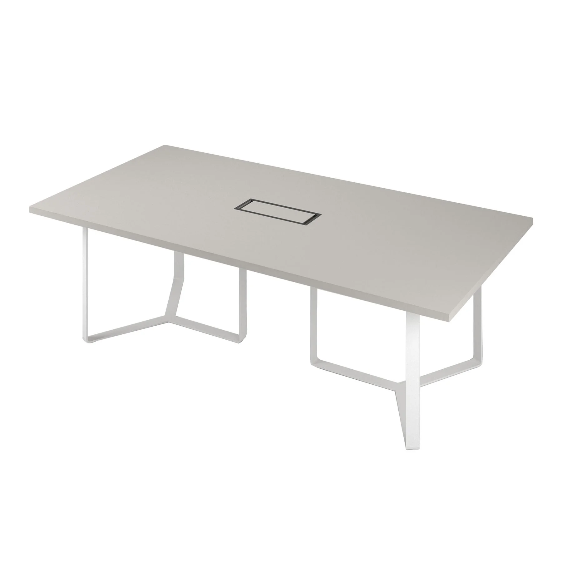 Conference table Narbutas Plana, 4200 x 1200 x 750 mm, rectangular top, chipboard 36 mm, amber oak melamine, grey metal, white metal cable box