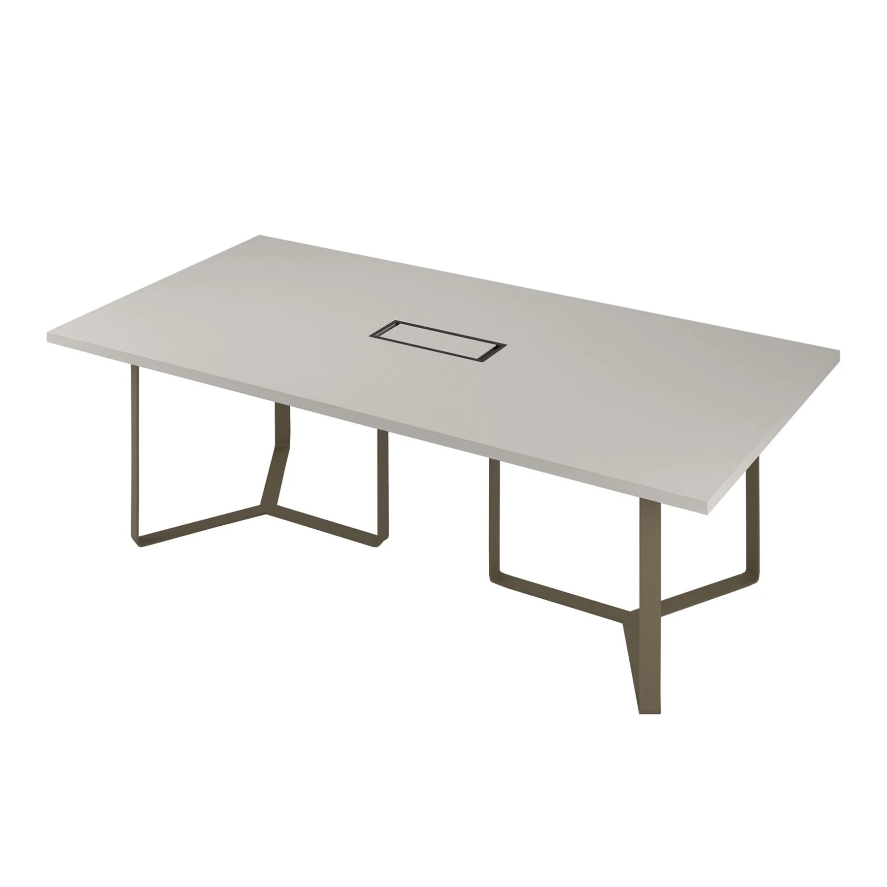 Conference table Narbutas Plana, 4200 x 1200 x 750 mm, rectangular top, chipboard 36 mm, amber oak, bronze metal, grey metal cable box