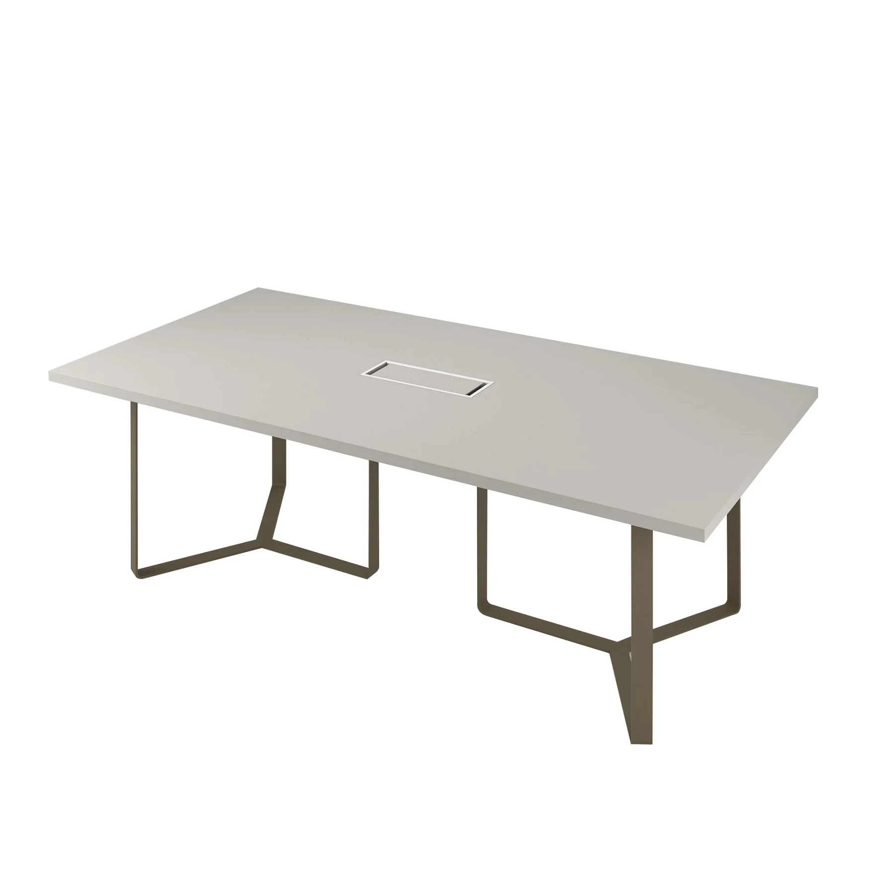 Conference table Narbutas Plana, 4200 x 1200 x 750 mm, rectangular top, chipboard 36 mm, amber oak, dark bronze metal, dark bronze cable box