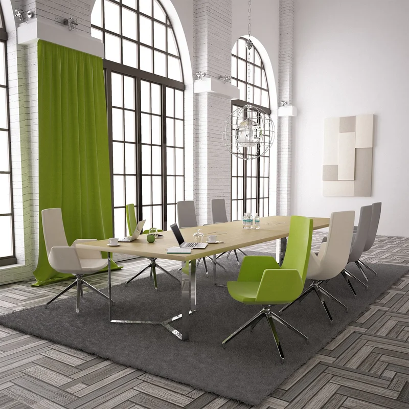 Conference table Narbutas Plana, 4200 x 1200 x 750 mm, rectangular top, chipboard 36 mm, white melamine, white metal, grey metal cable box