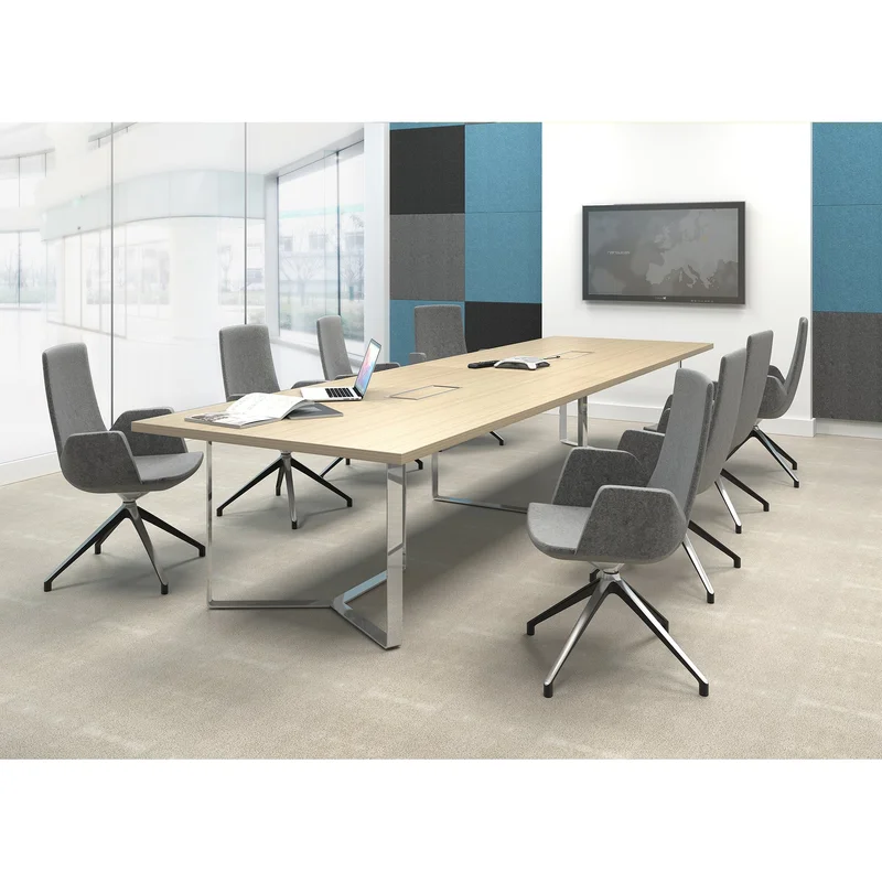 Conference table Narbutas Plana, 4200 x 1200 x 750 mm, rectangular top, chipboard 36 mm, white melamine, white metal, grey metal cable box