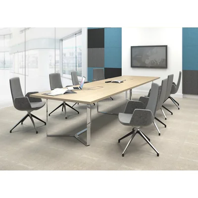 Conference table Narbutas Plana, 4200 x 1200 x 750 mm, rectangular top, chipboard 36 mm, white melamine, white metal, grey metal cable box