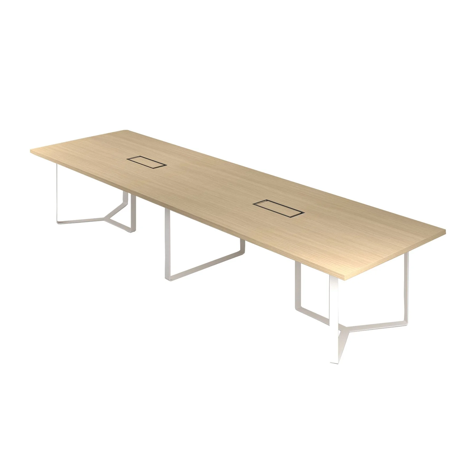 Conference table Narbutas Plana, 4200 x 1200 x 750 mm, rectangular top, chipboard 36 mm, white melamine, grey metal, dark grey metal cable box