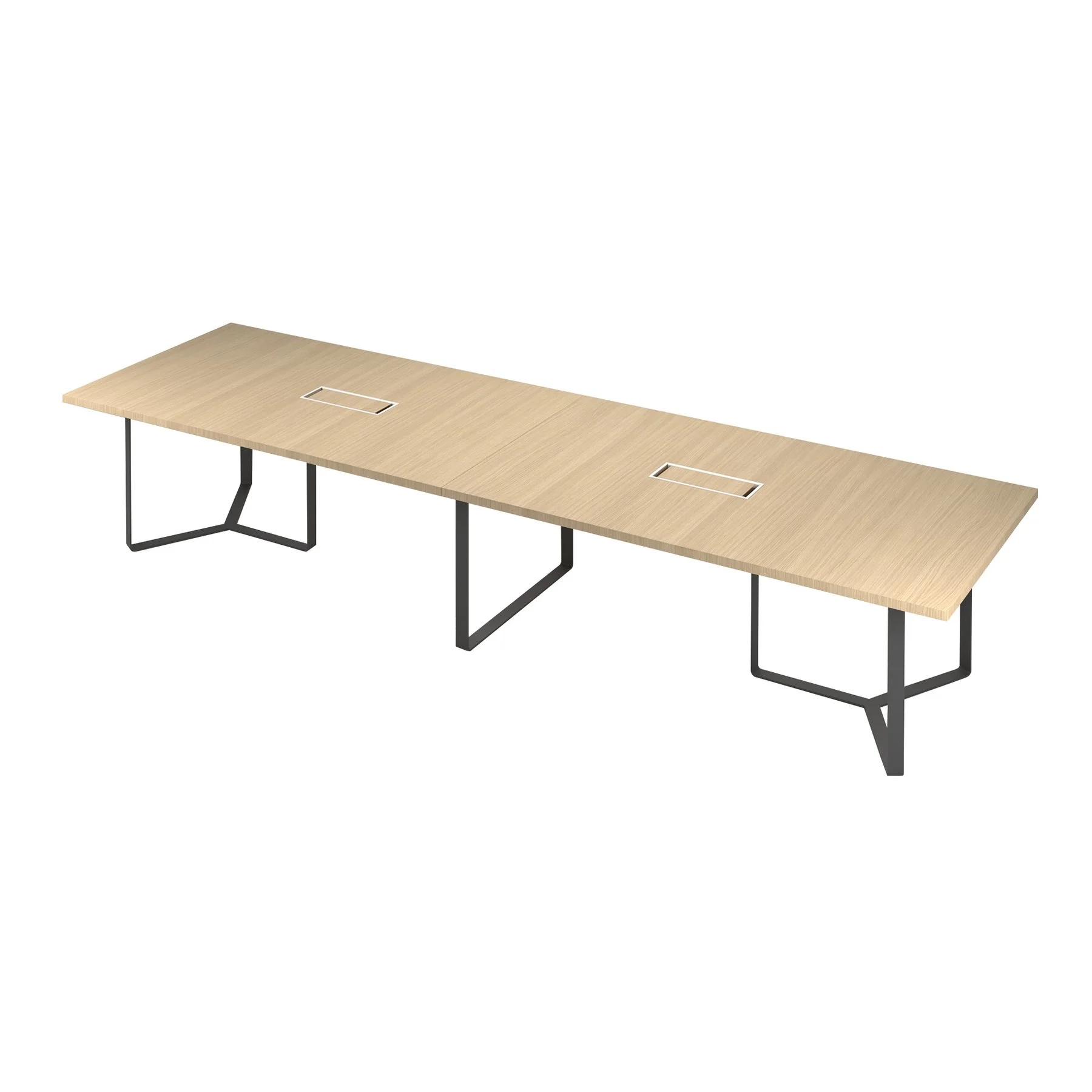 Meeting table Narbutas Plana, 4200 x 1200 x 750 mm, rectangular top, 36 mm particleboard, melamine bleached oak, dark grey metal, cable box white metal