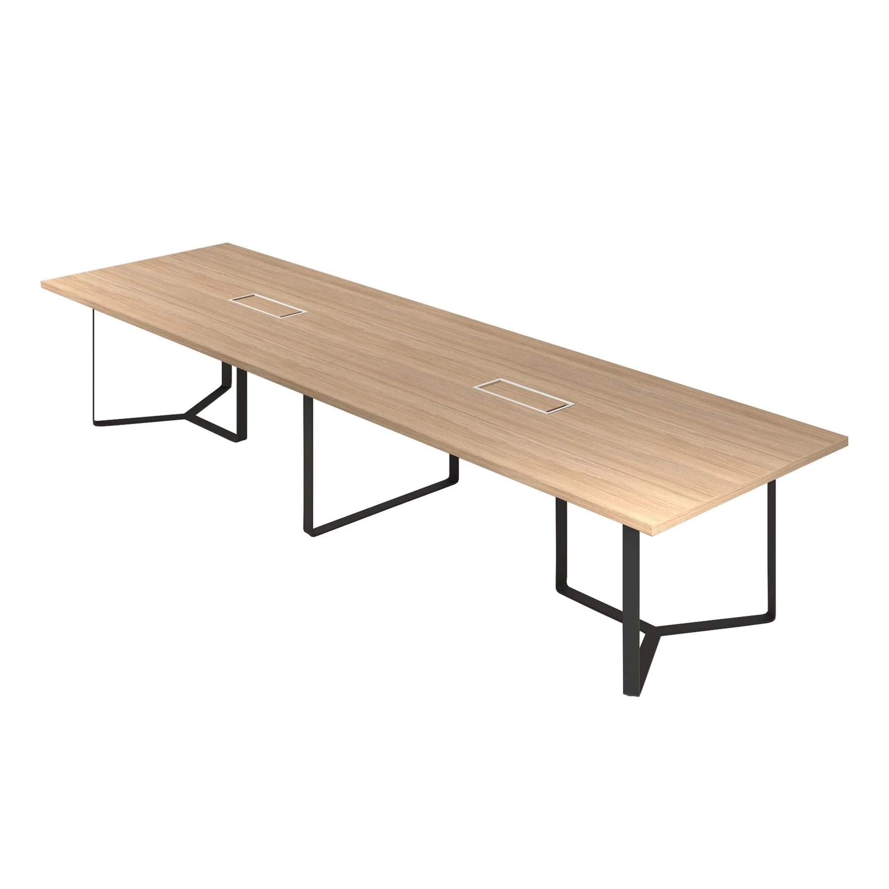 Meeting table Narbutas Plana, 4200 x 1200 x 750 mm, rectangular top, 36 mm particleboard, melamine amber oak, black metal, cable box white metal