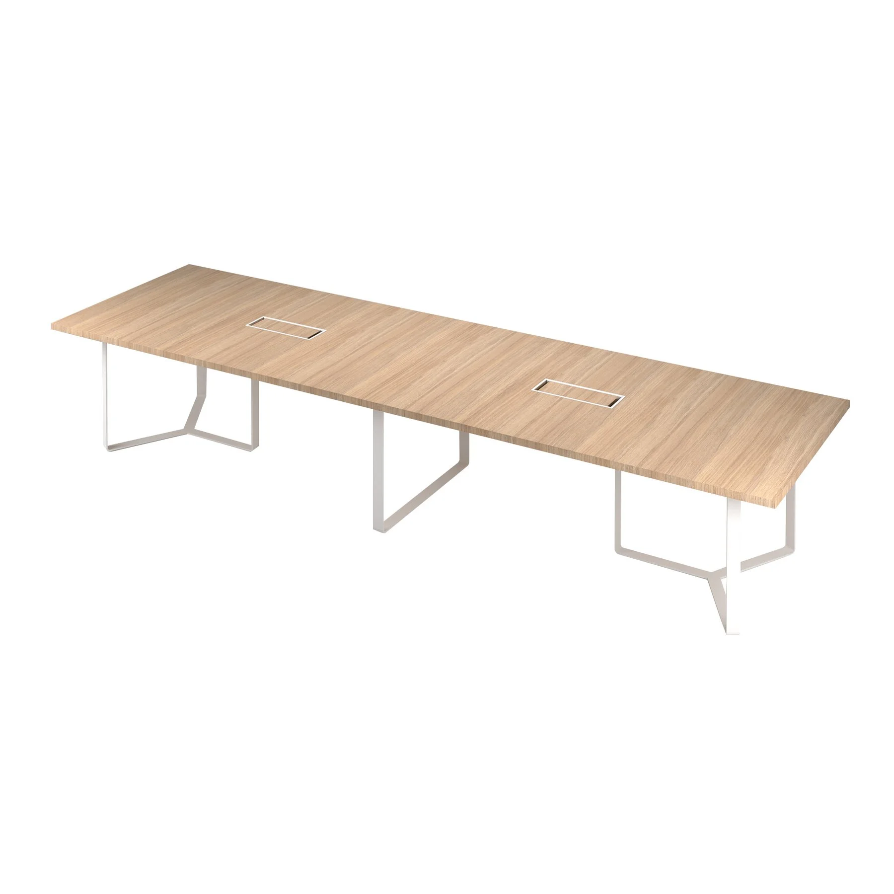 Meeting table Narbutas Plana, 4200 x 1200 x 750 mm, rectangular top, 36 mm particleboard, melamine amber oak, white metal, cable box white metal