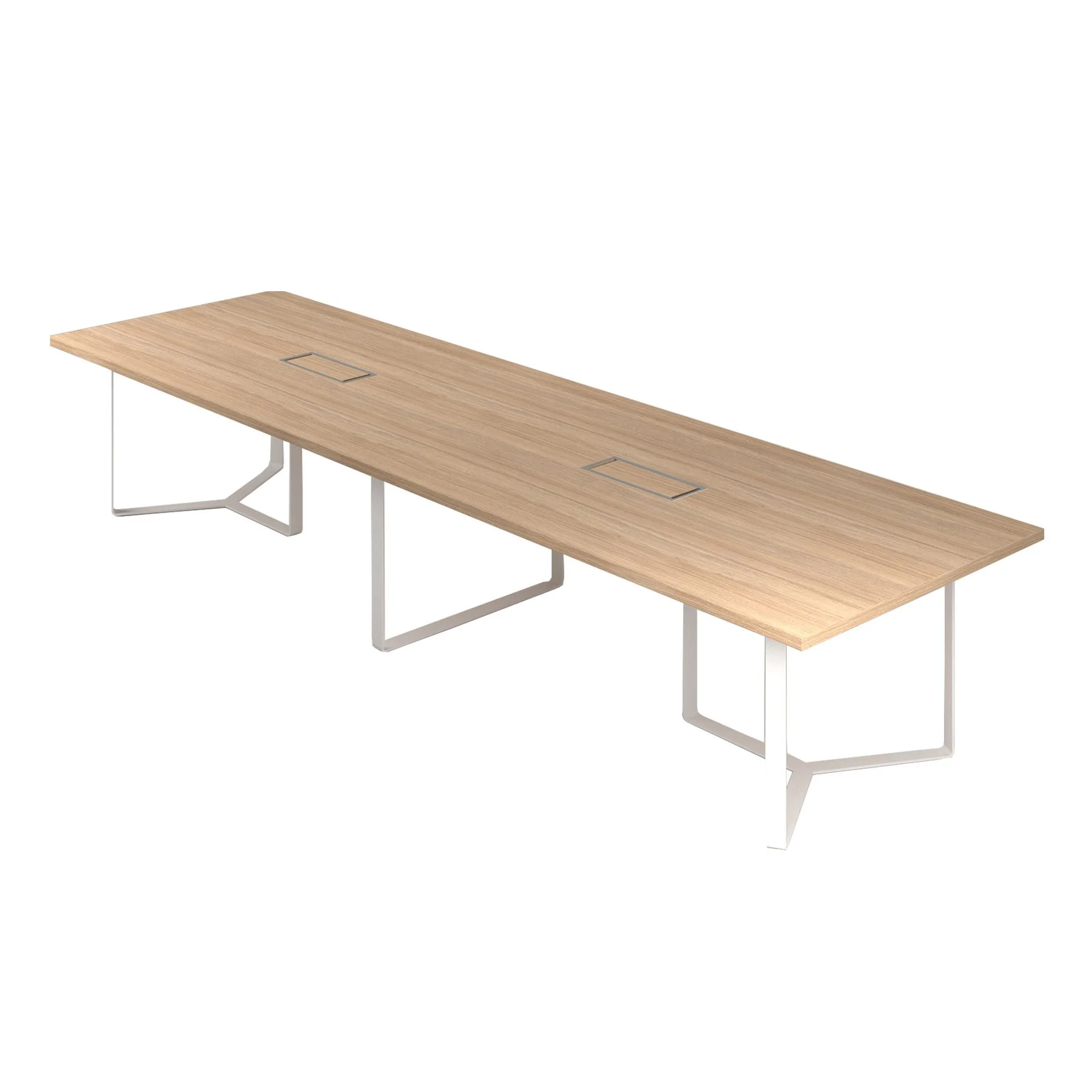 Meeting table Narbutas Plana, 4200 x 1200 x 750 mm, rectangular top, 36 mm particleboard, melamine amber oak, white metal, cable box grey metal