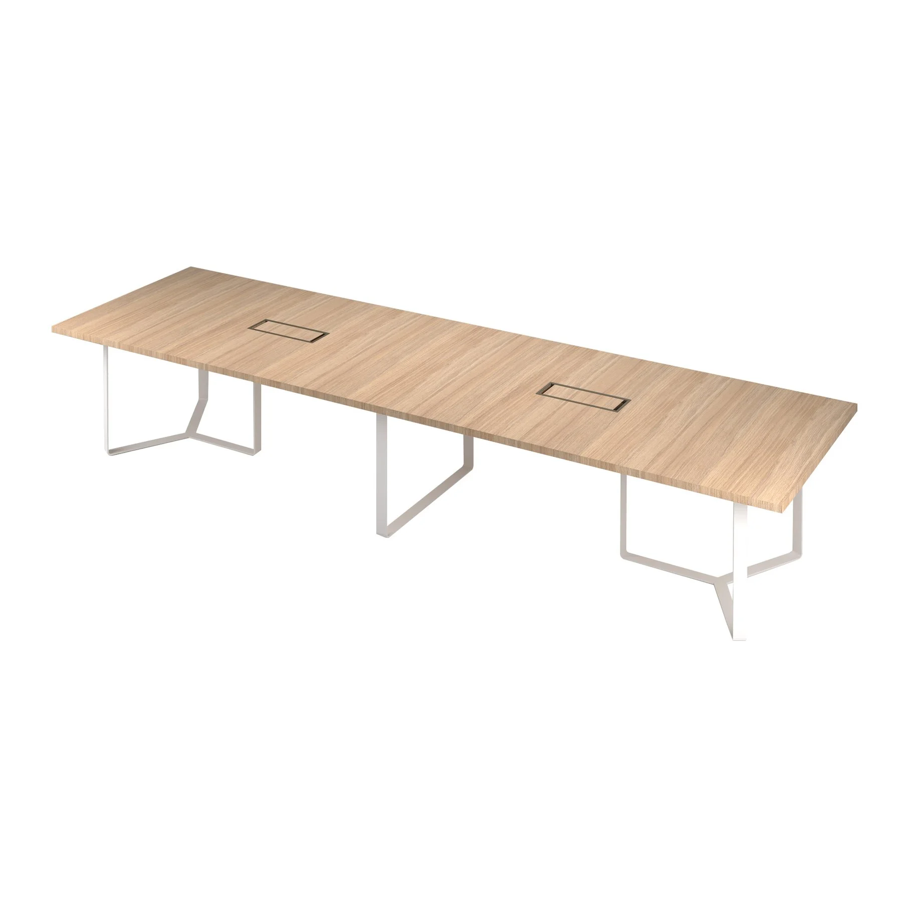 Meeting table Narbutas Plana, 4200 x 1200 x 750 mm, rectangular top, 36 mm particleboard, amber oak, white metal, cable box dark bronze metal