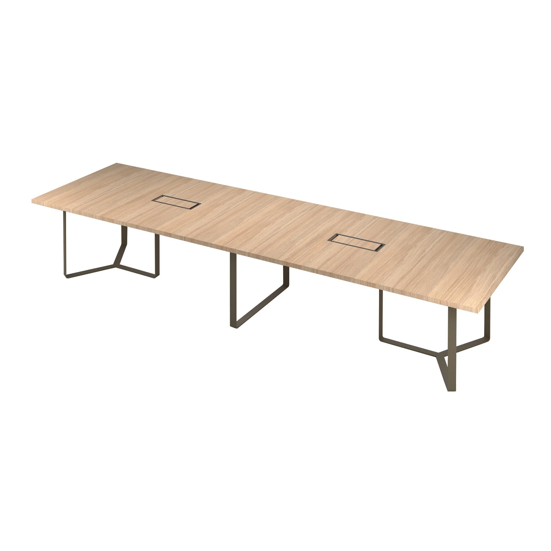 Meeting table Narbutas Plana, 4200 x 1200 x 750 mm, rectangular top, 36 mm particleboard, amber oak, dark bronze metal, cable box dark grey