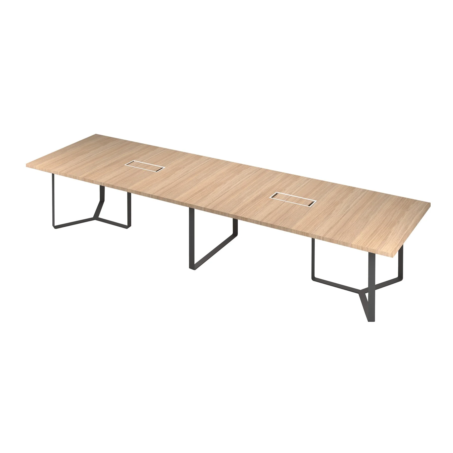 Meeting table Narbutas Plana, 4200 x 1200 x 750 mm, rectangular top, 36 mm particleboard, amber oak, dark grey metal, cable box white metal