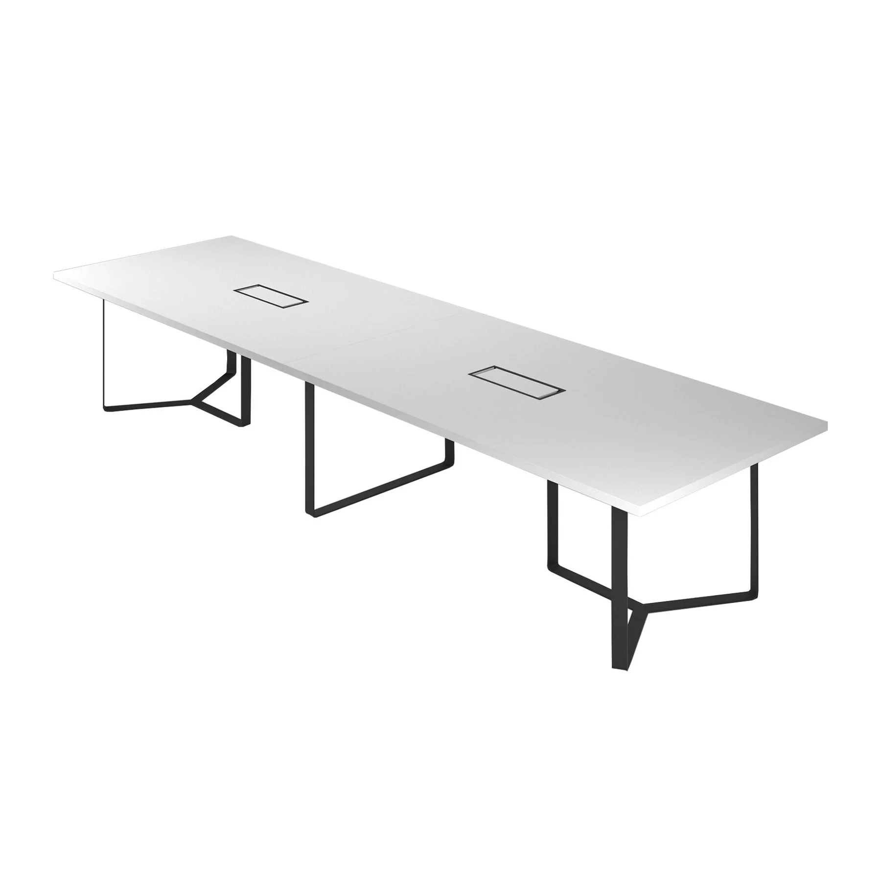 Meeting table Narbutas Plana, 4200 x 1200 x 750 mm, rectangular top, 36 mm particleboard, white melamine, black metal, cable box black metal