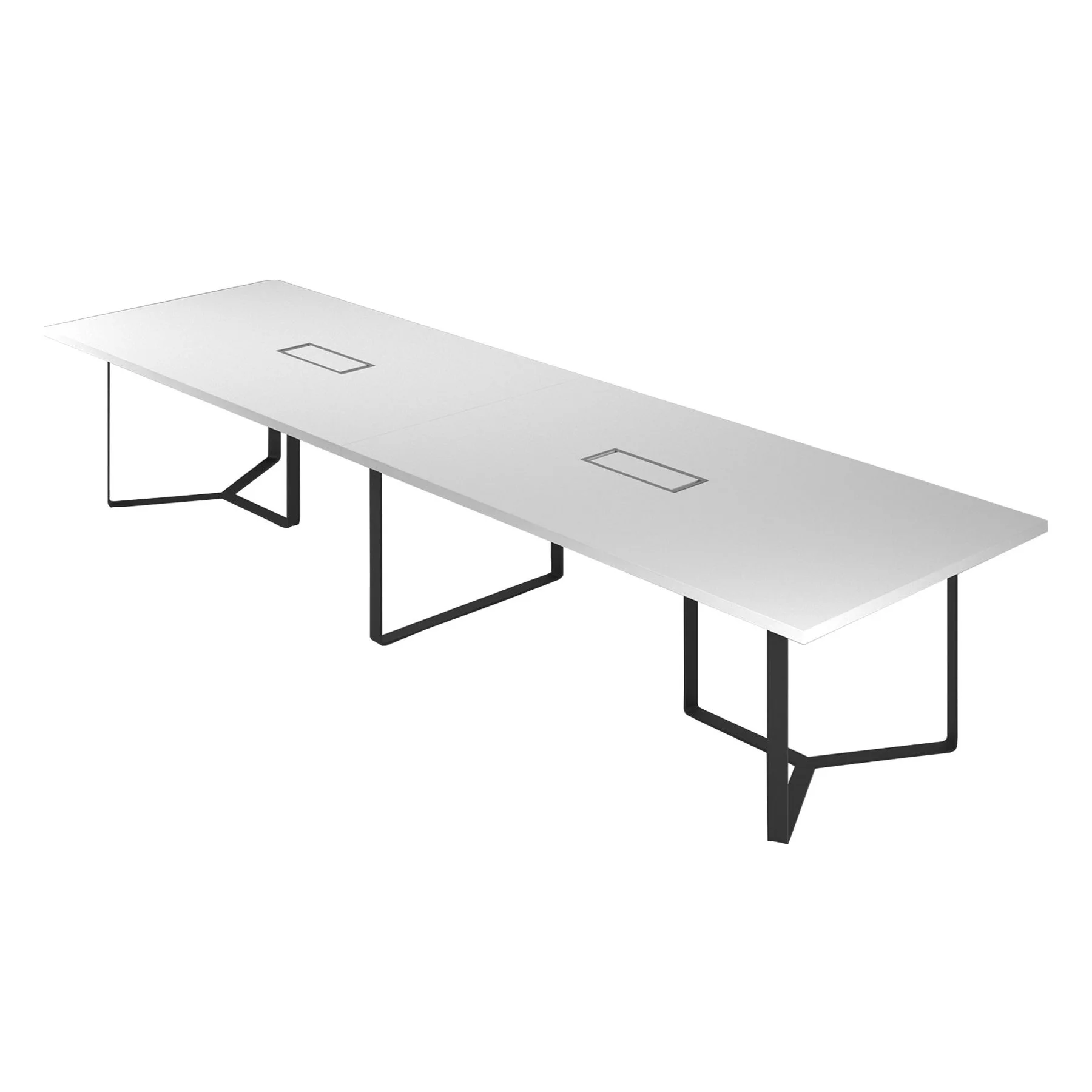 Meeting table Narbutas Plana, 4200 x 1200 x 750 mm, rectangular top, 36 mm particleboard, white melamine, black metal, cable box grey metal