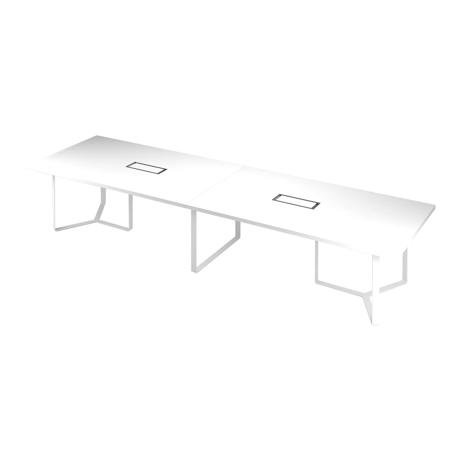 Meeting table Narbutas Plana, 4200 x 1200 x 750 mm, rectangular top, 36 mm particleboard, white melamine, white metal, cable box dark grey metal