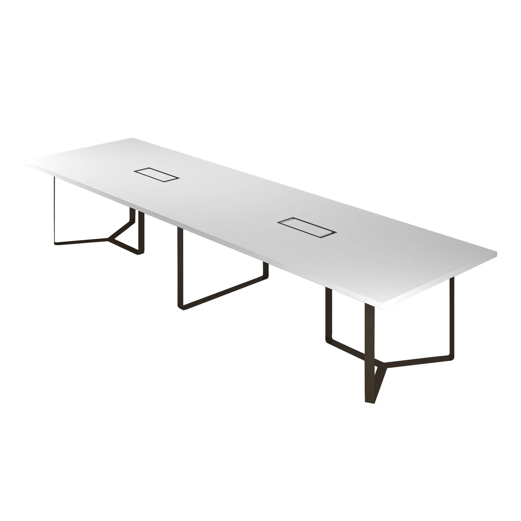Meeting table Narbutas Plana, 4200 x 1200 x 750 mm, rectangular top, 36 mm particleboard, white melamine, bronze metal, cable box black metal