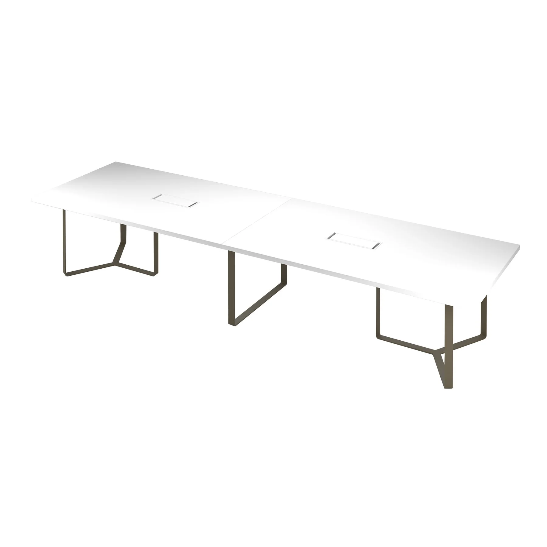 Meeting table Narbutas Plana, 4200 x 1200 x 750 mm, rectangular top, 36 mm particleboard, white melamine, dark bronze metal, cable box white metal