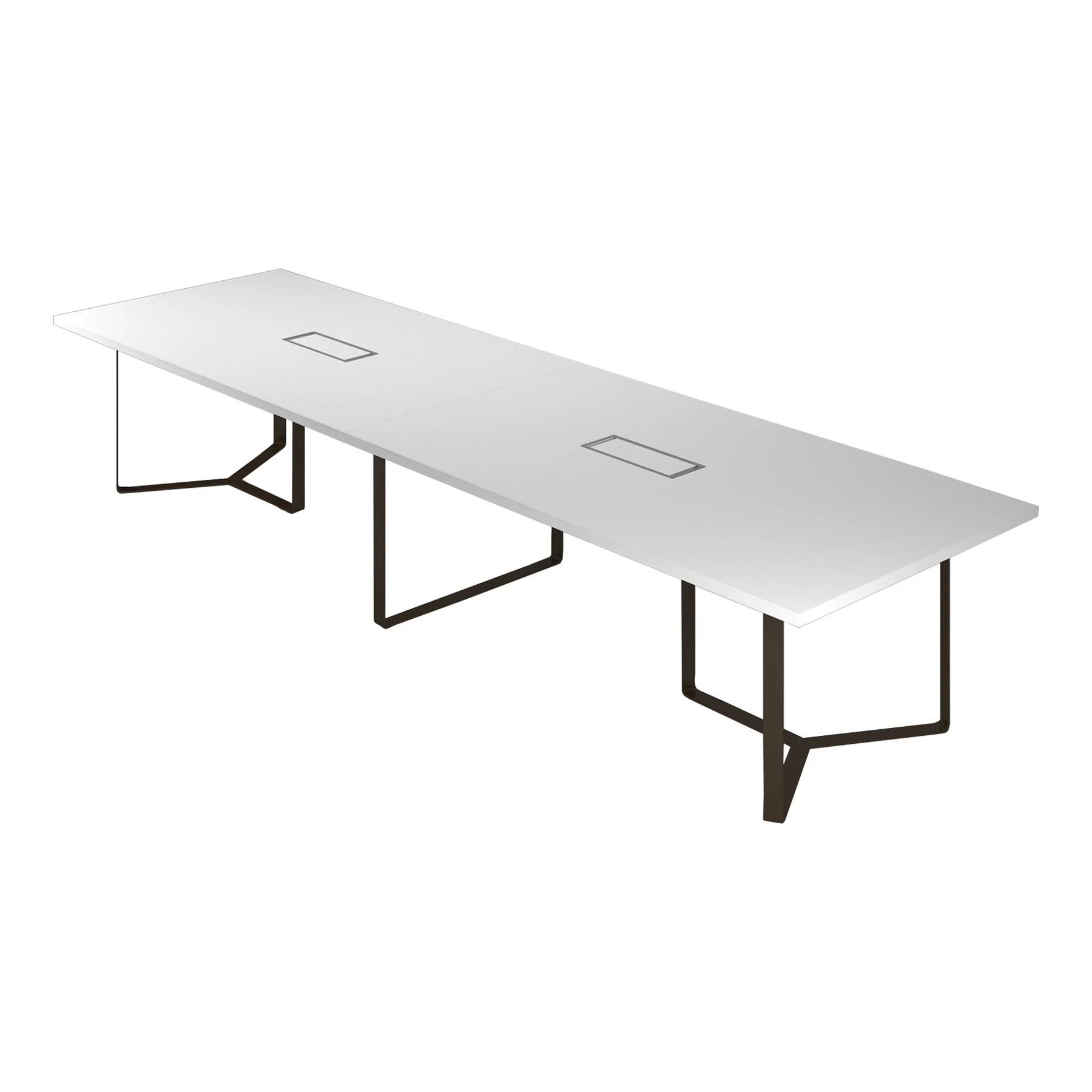 Meeting table Narbutas Plana, 4200 x 1200 x 750 mm, rectangular top, 36 mm particleboard, white melamine, bronze metal, cable box grey metal