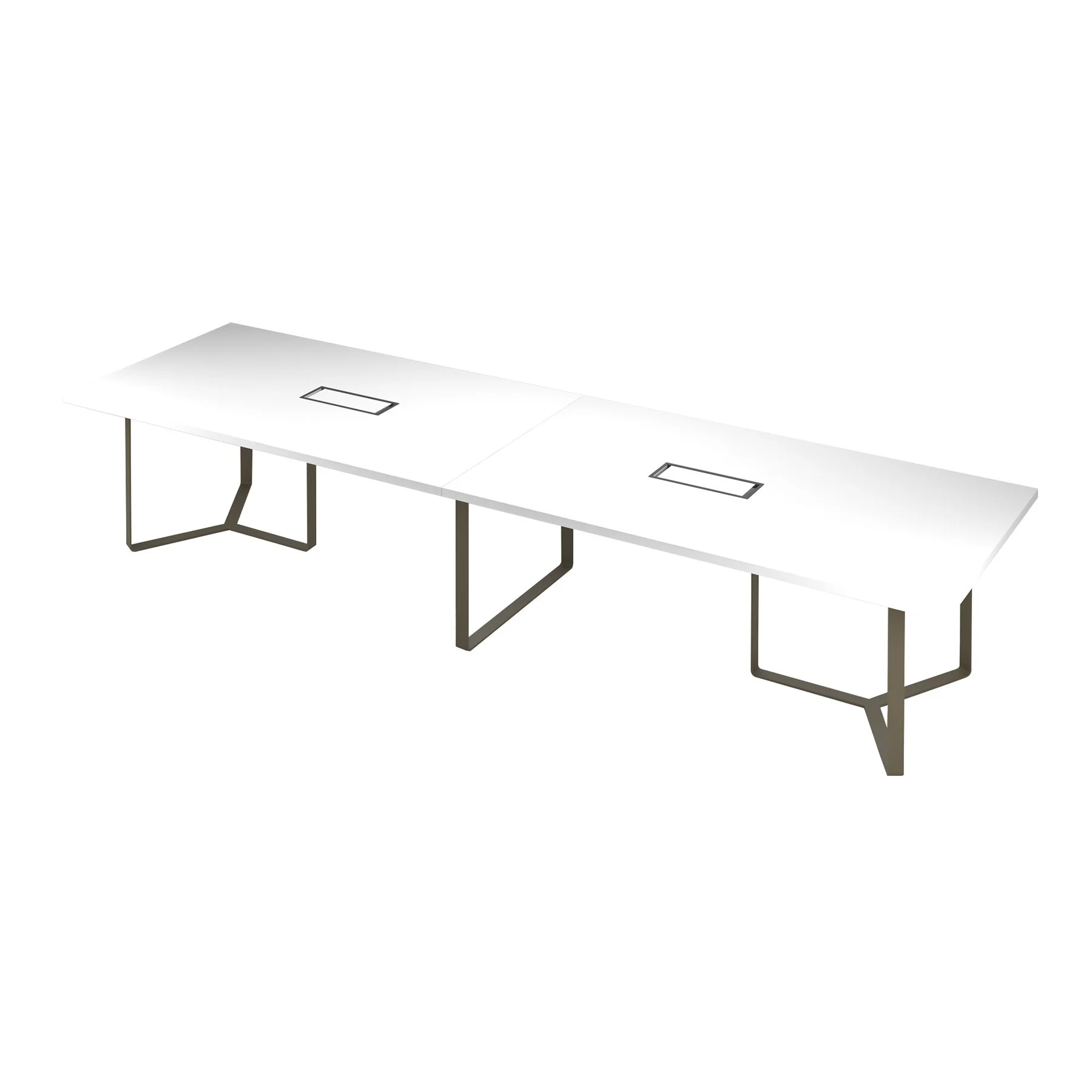Meeting table Narbutas Plana, 4200 x 1200 x 750 mm, rectangular top, 36 mm particleboard, white melamine, dark bronze metal, cable box dark grey