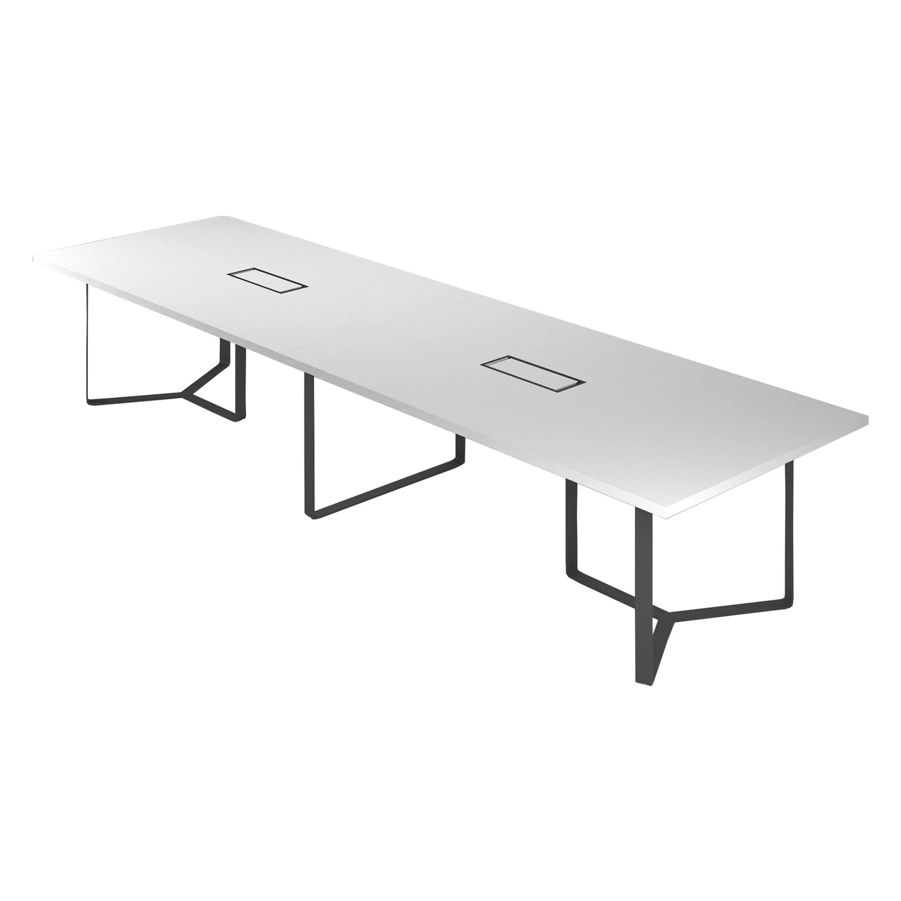 Meeting table Narbutas Plana, 4200 x 1200 x 750 mm, rectangular top, 36 mm particleboard, white melamine, dark grey metal, cable box black metal