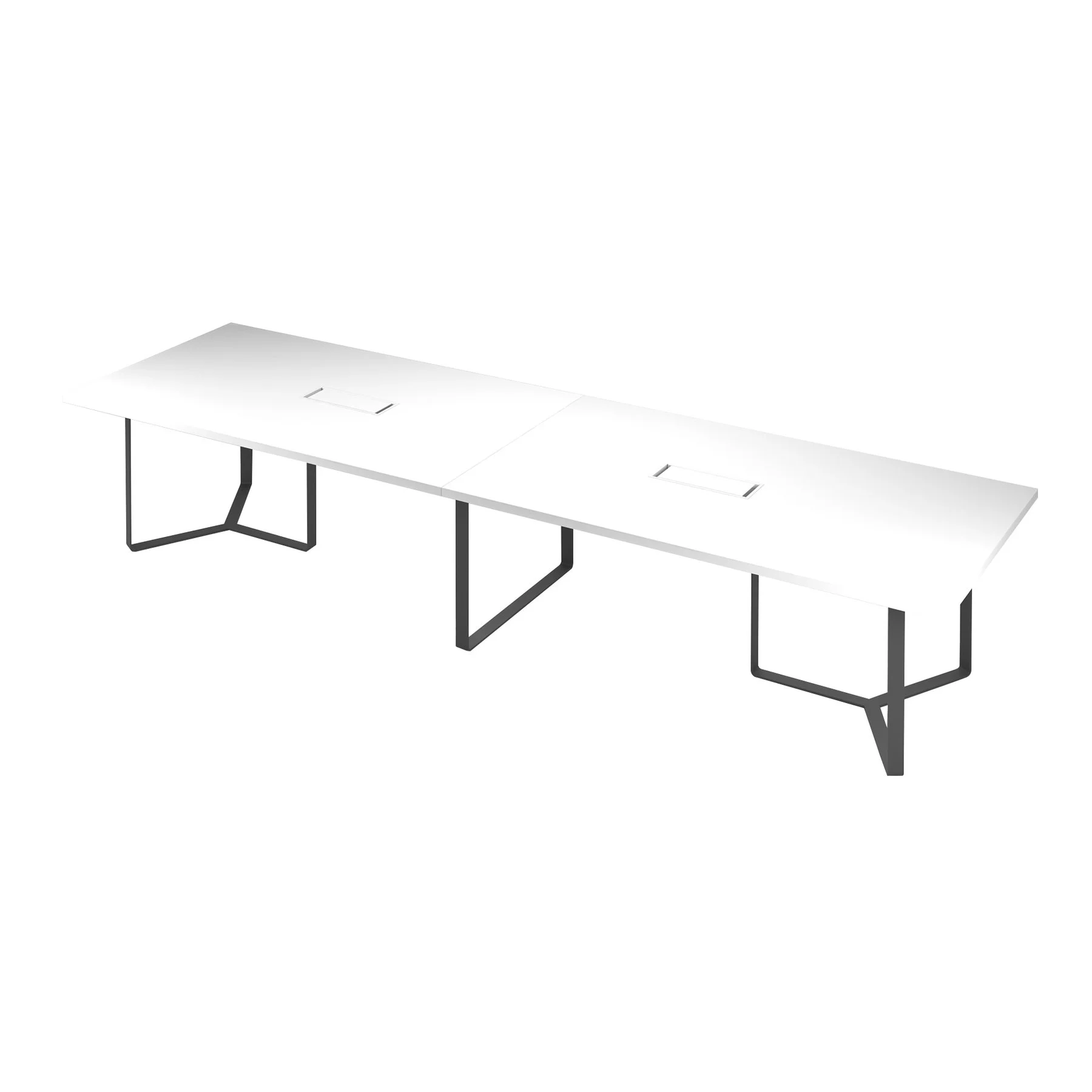 Meeting table Narbutas Plana, 4200 x 1200 x 750 mm, rectangular top, 36 mm particleboard, white melamine, dark grey metal, cable box white metal