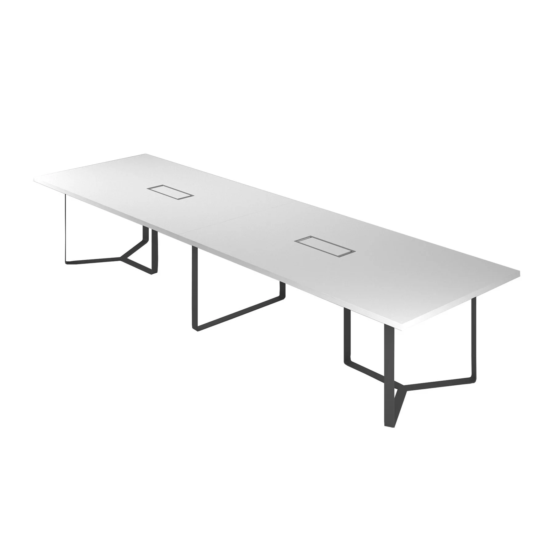 Meeting table Narbutas Plana, 4200 x 1200 x 750 mm, rectangular top, 36 mm particleboard, white melamine, dark grey metal, cable box grey metal