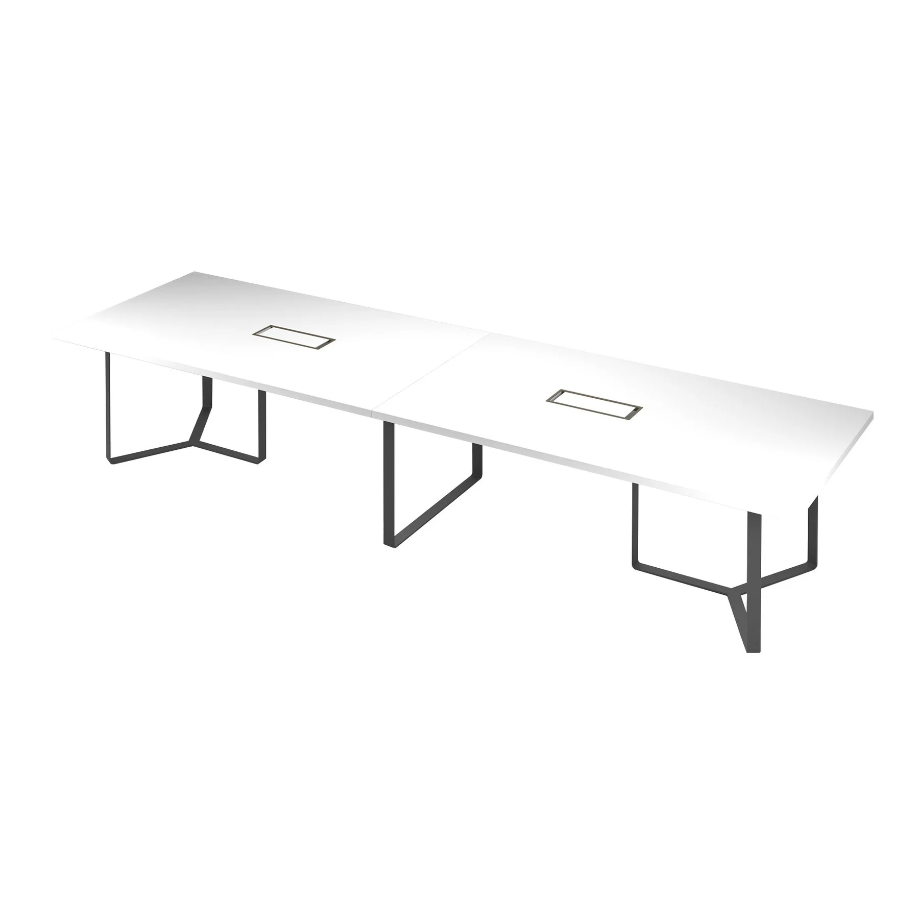 Meeting table Narbutas Plana, 4200 x 1200 x 750 mm, rectangular top, 36 mm particleboard, white melamine, dark grey metal, cable box dark bronze