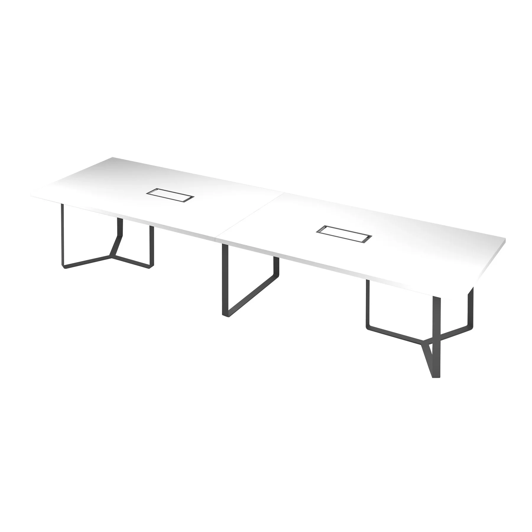 Meeting table Narbutas Plana, 4200 x 1200 x 750 mm, rectangular top, 36 mm particleboard, white melamine, dark grey metal, cable box dark grey