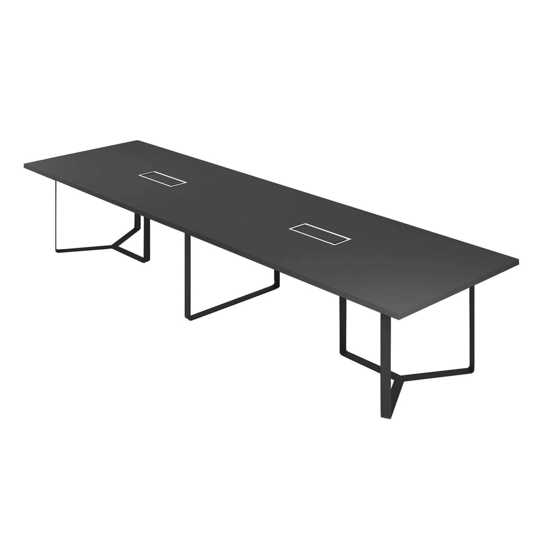Meeting table Narbutas Plana, 4200 x 1200 x 750 mm, rectangular top, 36 mm particleboard, dark grey melamine, black metal, cable box white metal