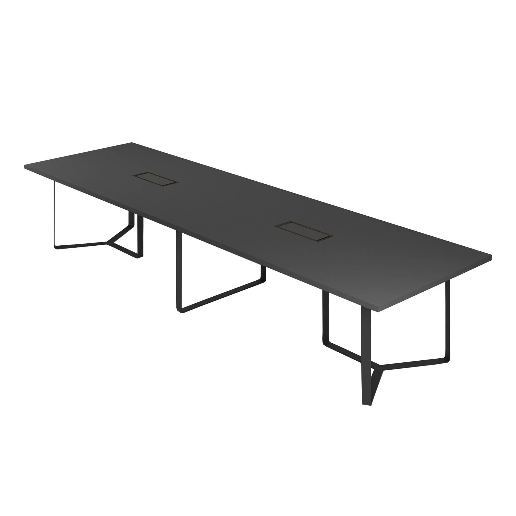 Meeting table Narbutas Plana, 4200 x 1200 x 750 mm, rectangular top, 36 mm particleboard, dark grey melamine, black metal, cable box bronze metal