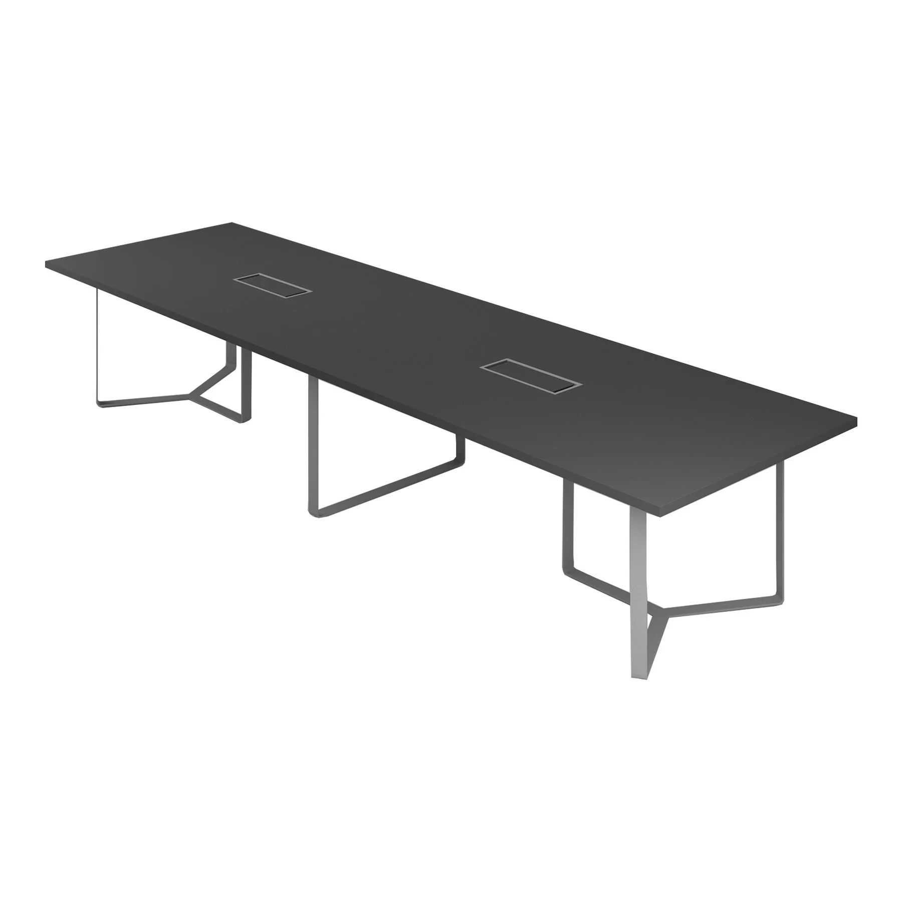Meeting table Narbutas Plana, 4200 x 1200 x 750 mm, rectangular top, 36 mm particleboard, dark grey melamine, grey metal, cable box grey metal