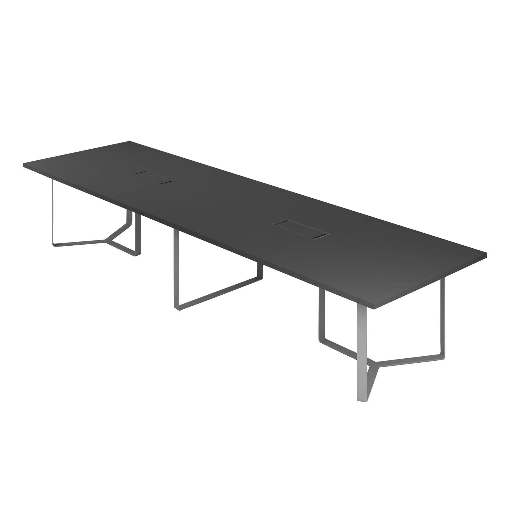 Meeting table Narbutas Plana, 4200 x 1200 x 750 mm, rectangular top, 36 mm particleboard, dark grey melamine, grey metal, cable box dark grey metal