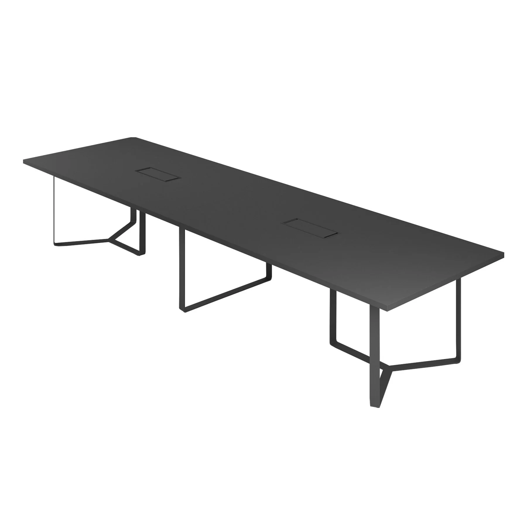 Meeting table Narbutas Plana, 4200 x 1200 x 750 mm, rectangular top, 36 mm particleboard, dark grey melamine, dark grey metal, cable box black metal