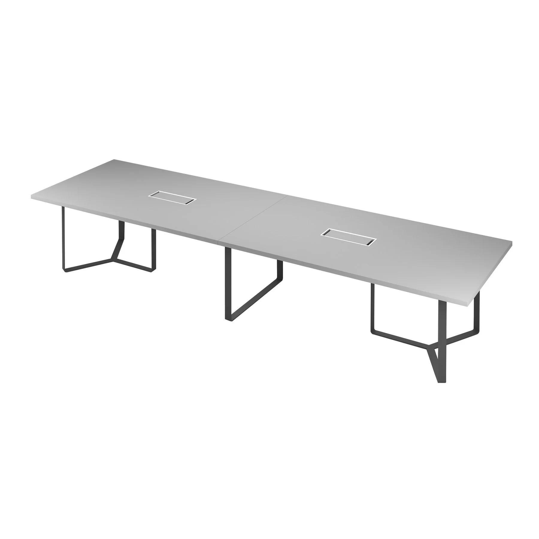 Meeting table Narbutas Plana, 4200 x 1200 x 750 mm, rectangular top, 36 mm particleboard, dark grey melamine, dark grey metal, cable box white metal