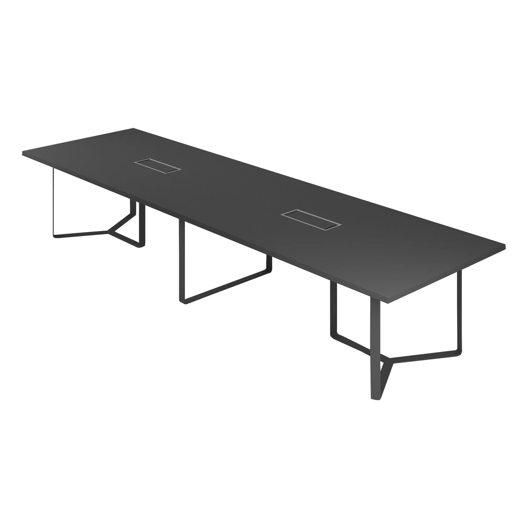 Meeting table Narbutas Plana, 4200 x 1200 x 750 mm, rectangular top, 36 mm particleboard, dark grey melamine, dark grey metal, cable box grey metal