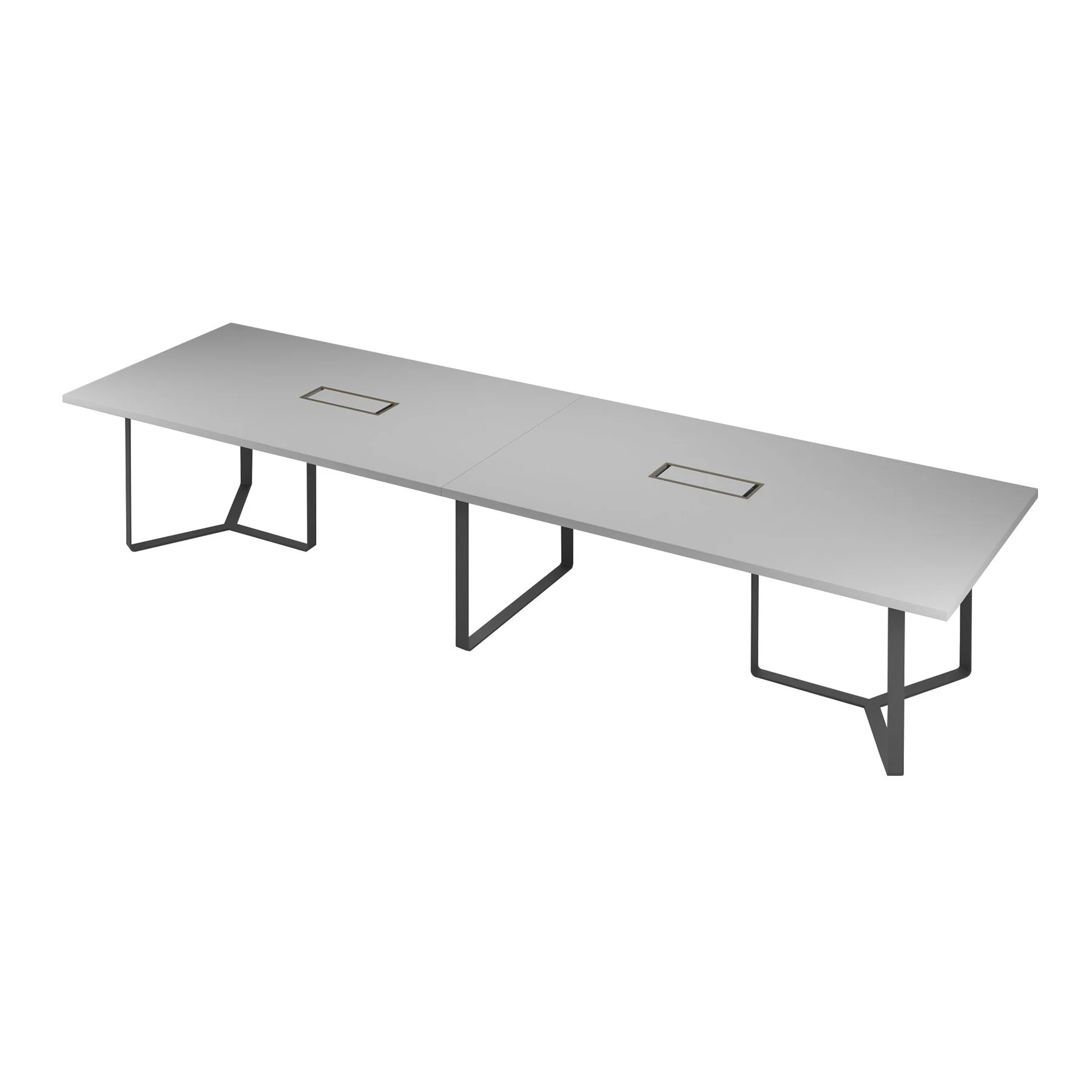 Meeting table Narbutas Plana, 4200 x 1200 x 750 mm, rectangular top, 36 mm particleboard, dark grey melamine, dark grey metal, cable box dark bronze