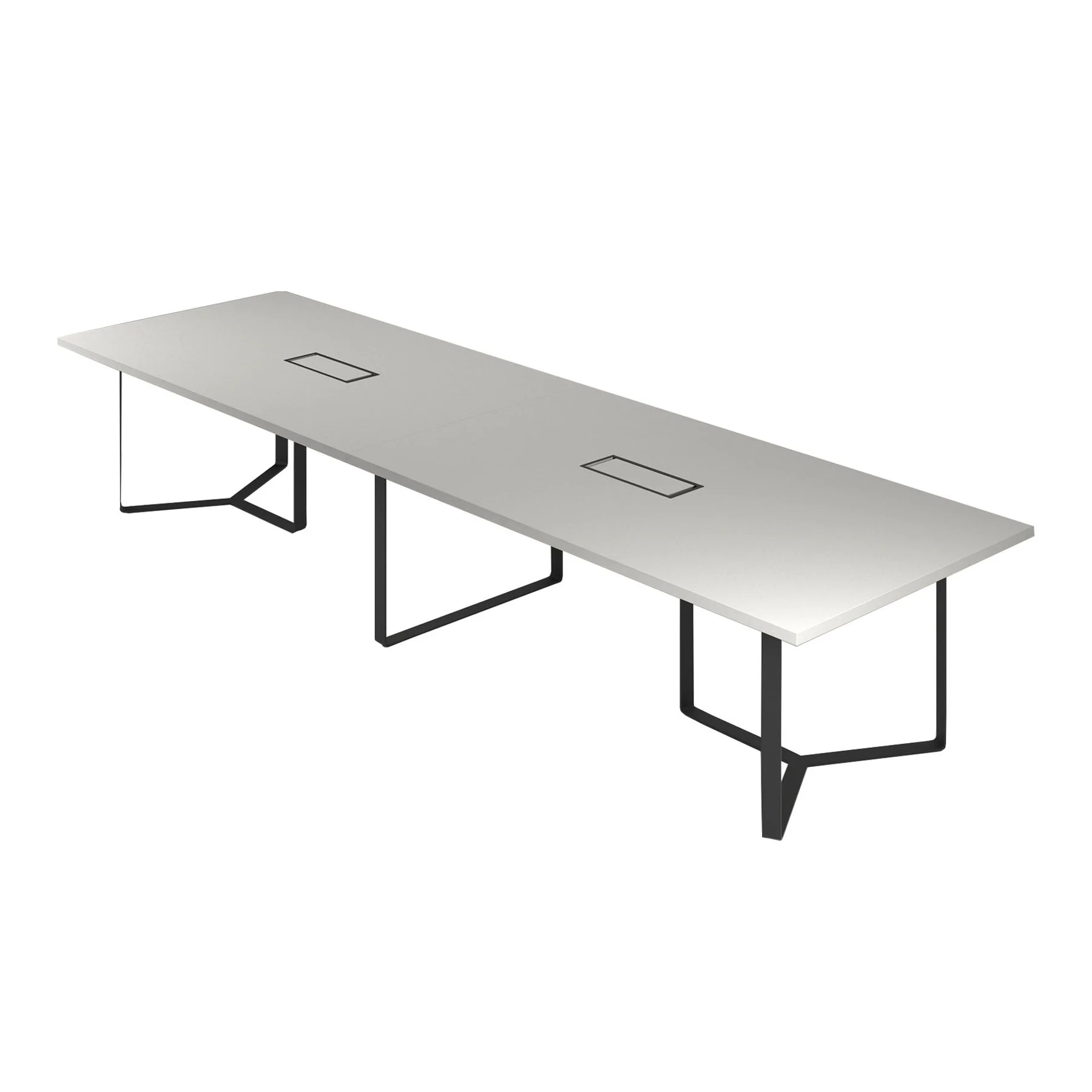 Meeting table Narbutas Plana, 4200 x 1200 x 750 mm, rectangular top, 36 mm particleboard, pearl grey melamine, black metal, cable box black metal