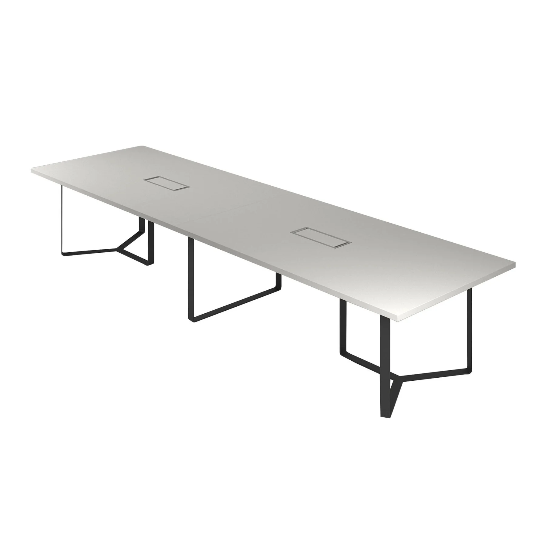 Meeting table Narbutas Plana, 4200 x 1200 x 750 mm, rectangular top, 36 mm particleboard, pearl grey melamine, black metal, cable box grey metal