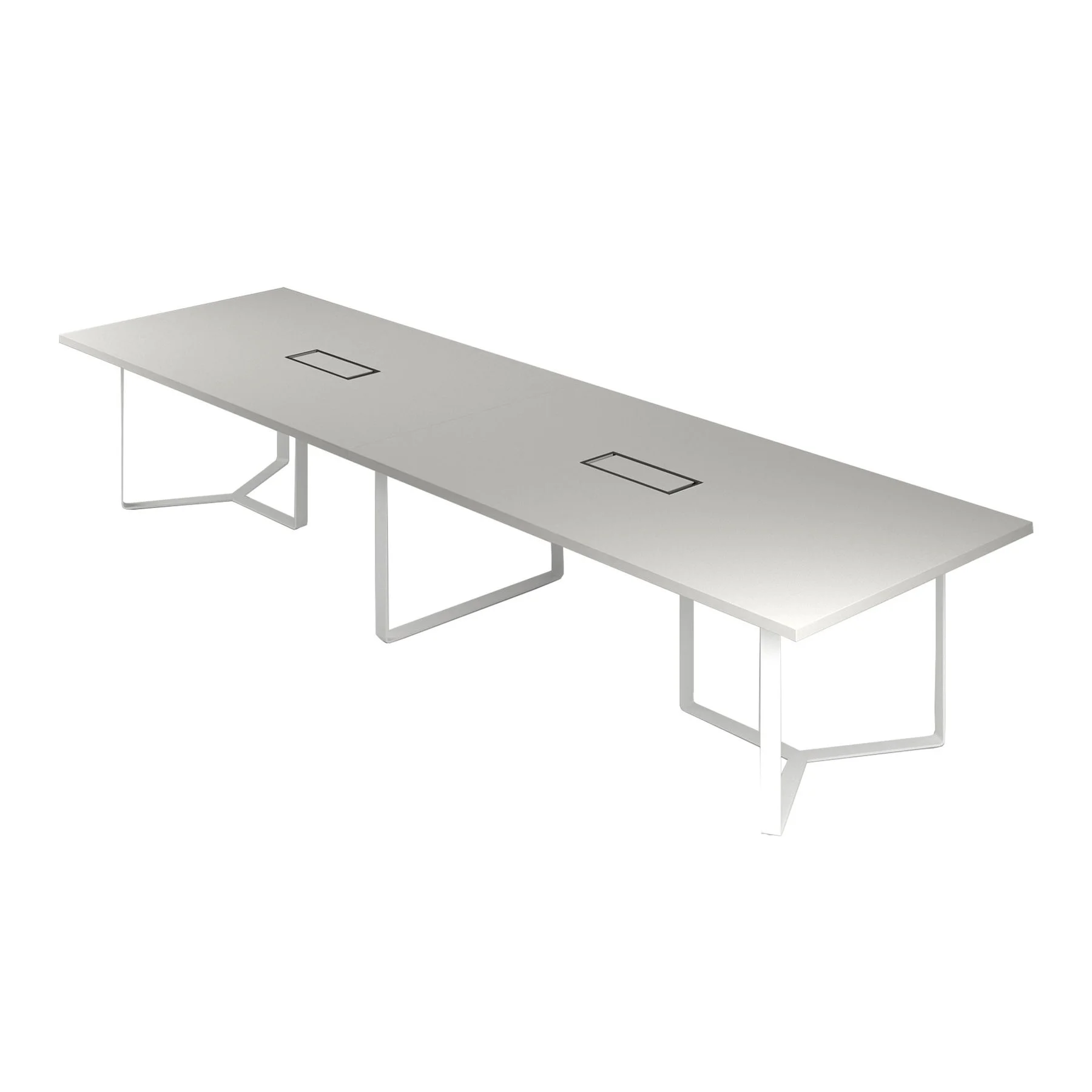 Meeting table Narbutas Plana, 4200 x 1200 x 750 mm, rectangular top, 36 mm particleboard, pearl grey melamine, white metal, cable box black metal