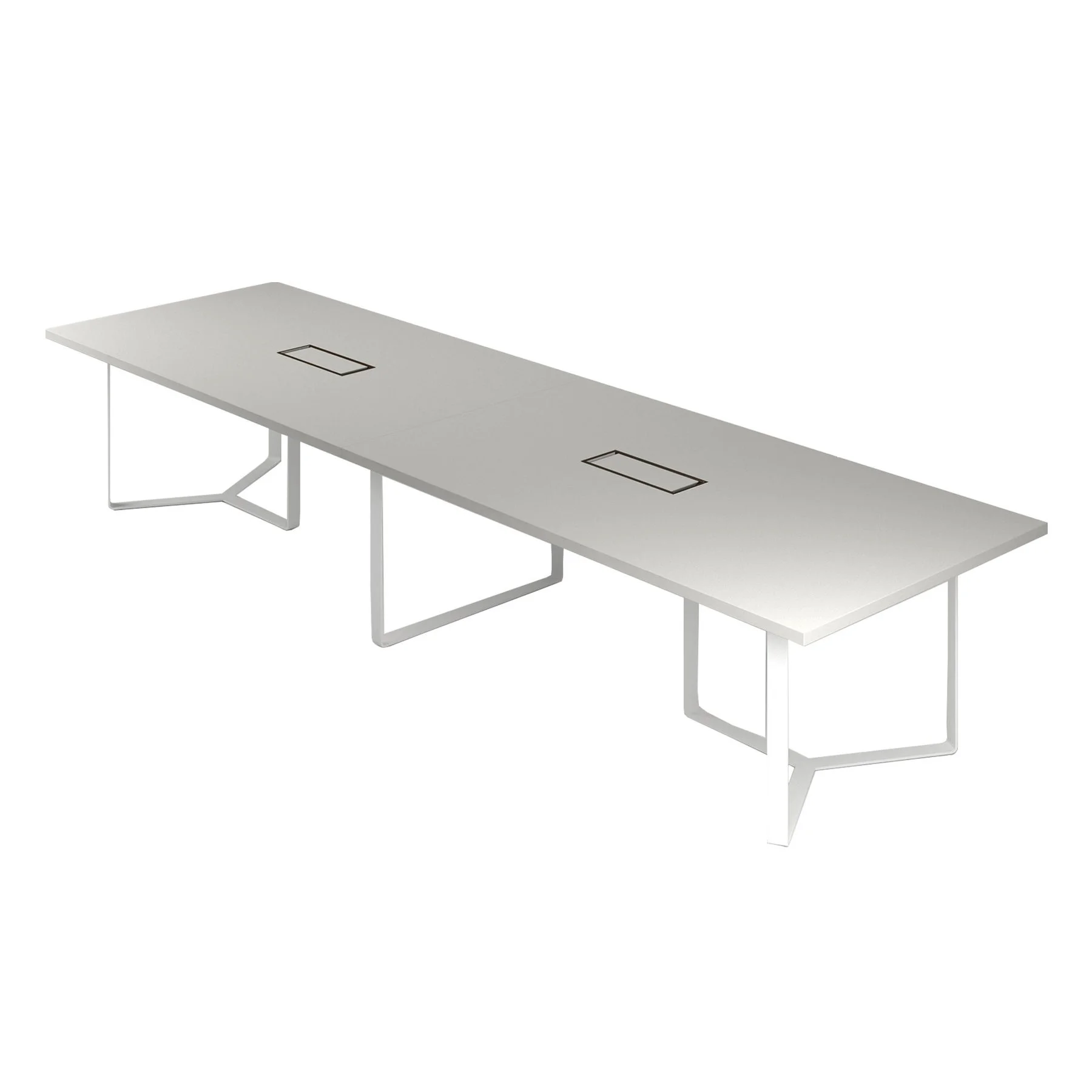 Meeting table Narbutas Plana, 4200 x 1200 x 750 mm, rectangular top, 36 mm particleboard, pearl grey melamine, white metal, cable box bronze metal