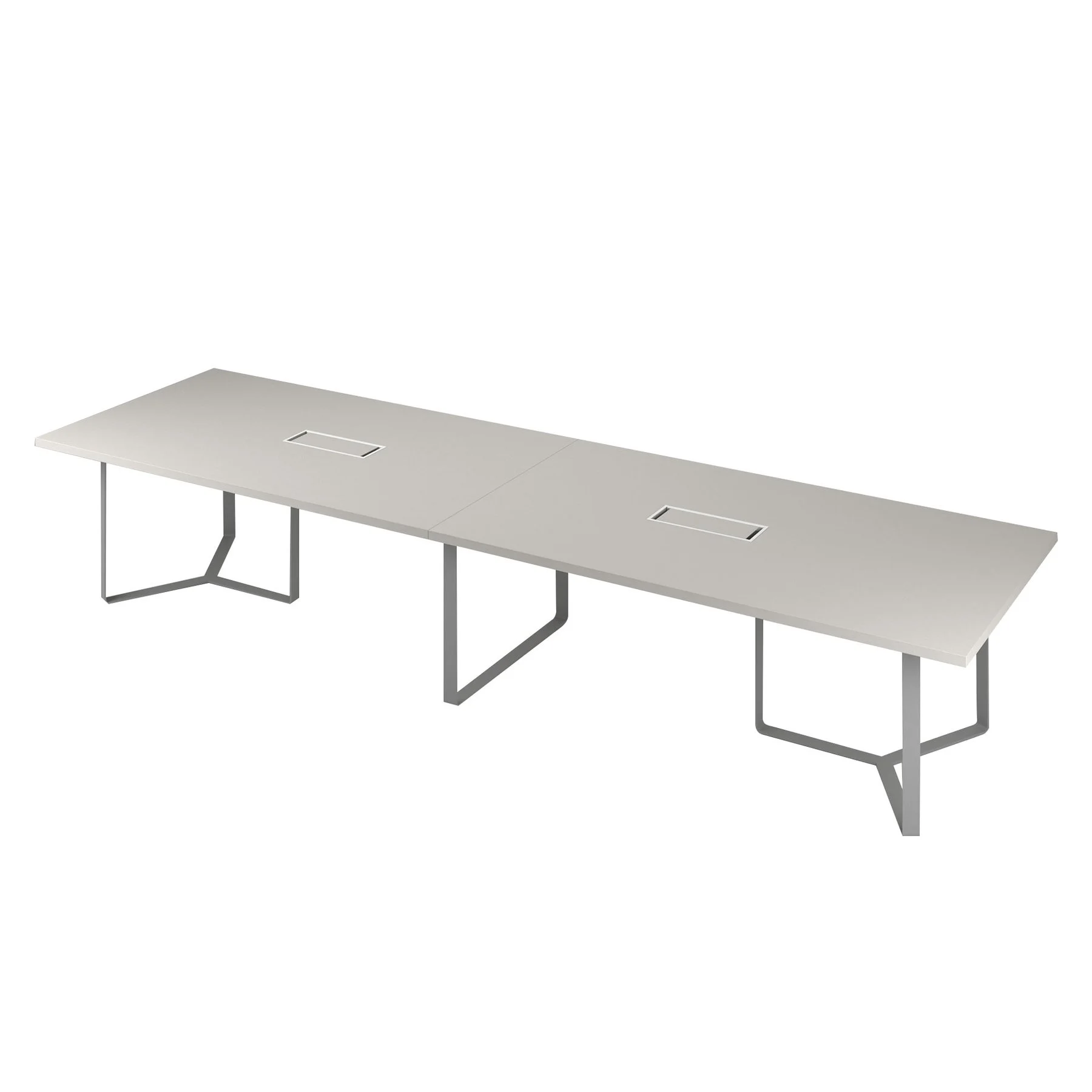 Meeting table Narbutas Plana, 4200 x 1200 x 750 mm, rectangular top, 36 mm particleboard, pearl grey melamine, grey metal, cable box white metal
