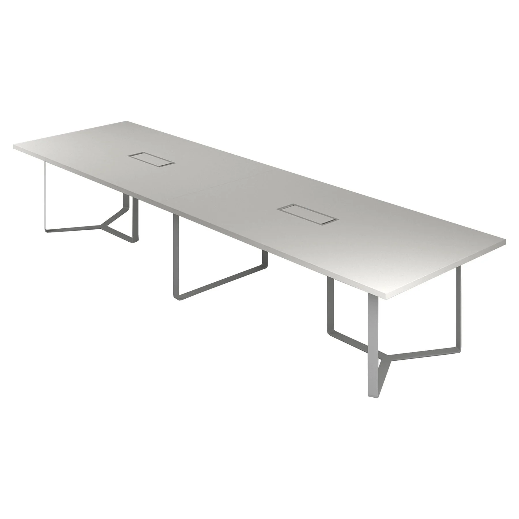 Meeting table Narbutas Plana, 4200 x 1200 x 750 mm, rectangular top, 36 mm particleboard, pearl grey melamine, grey metal, cable box grey metal