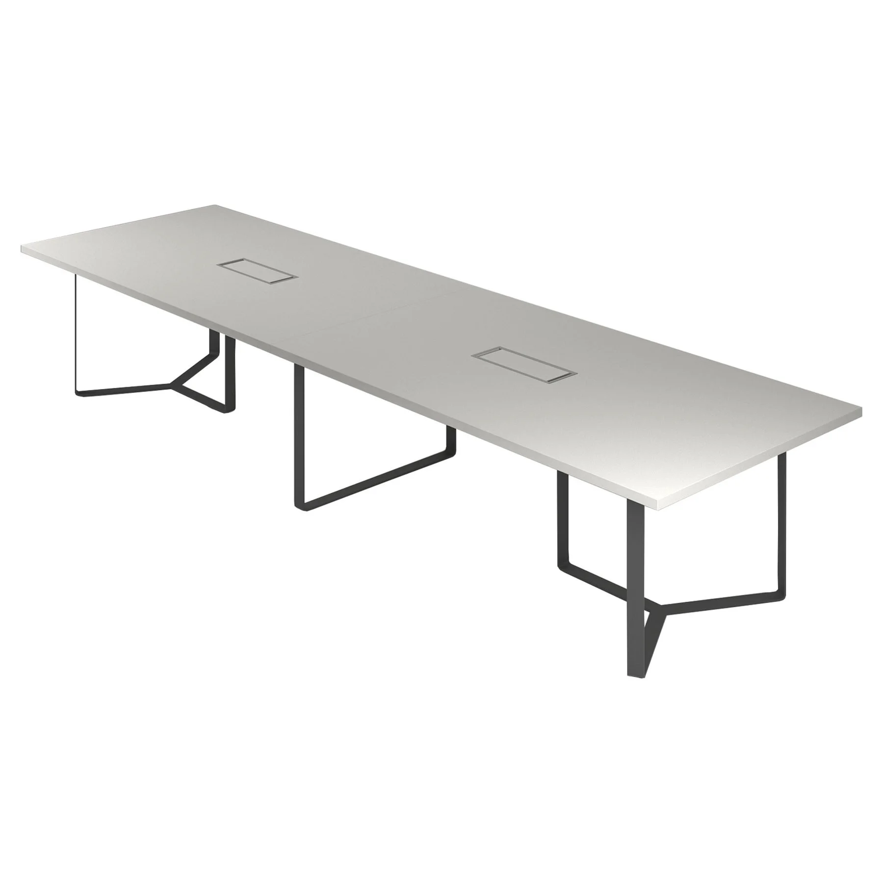 Meeting table Narbutas Plana, 4200 x 1200 x 750 mm, rectangular top, 36 mm particleboard, pearl grey melamine, dark grey metal, cable box grey metal