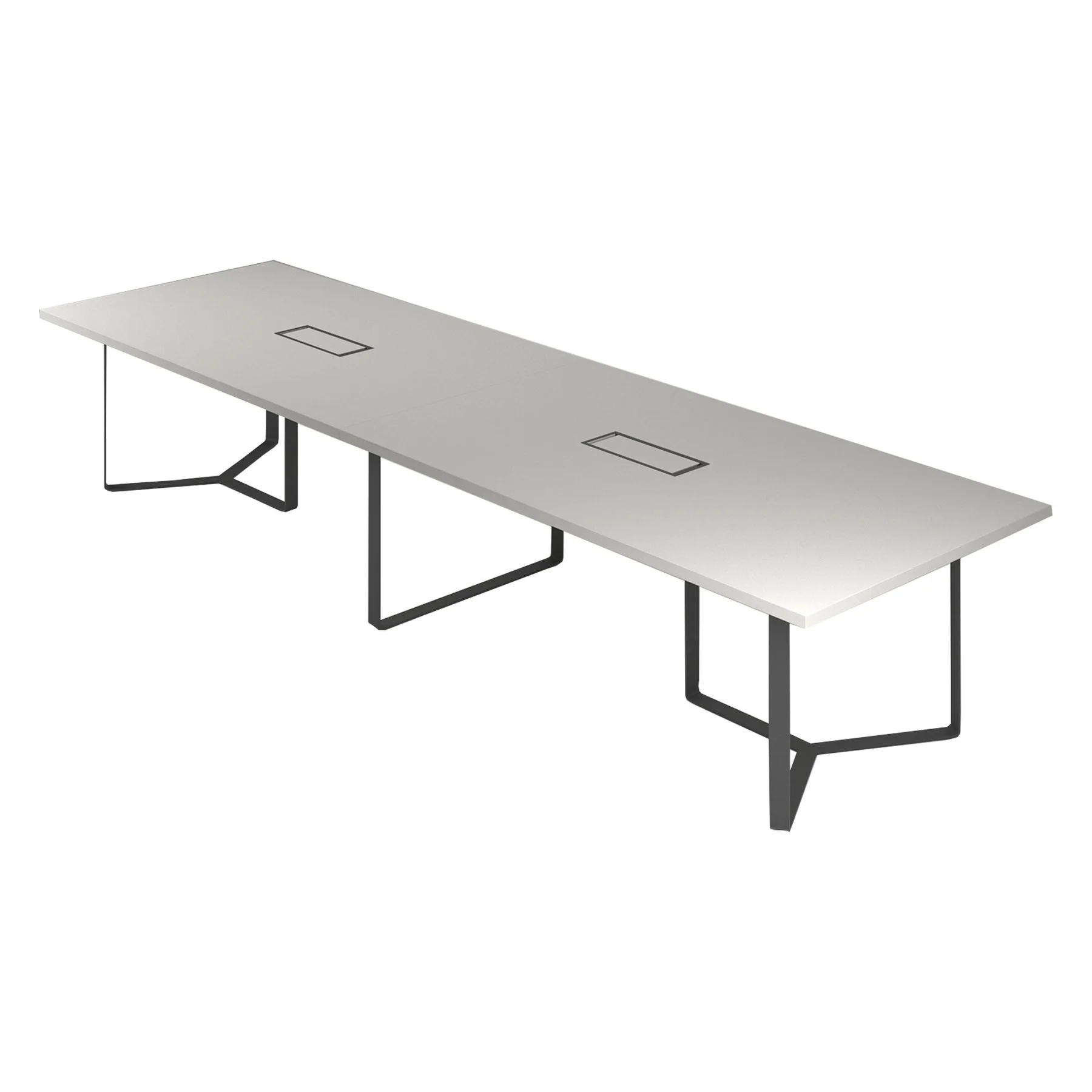 Meeting table Narbutas Plana, 4200 x 1200 x 750 mm, rectangular top, 36 mm particleboard, pearl grey melamine, dark grey metal, cable box dark grey