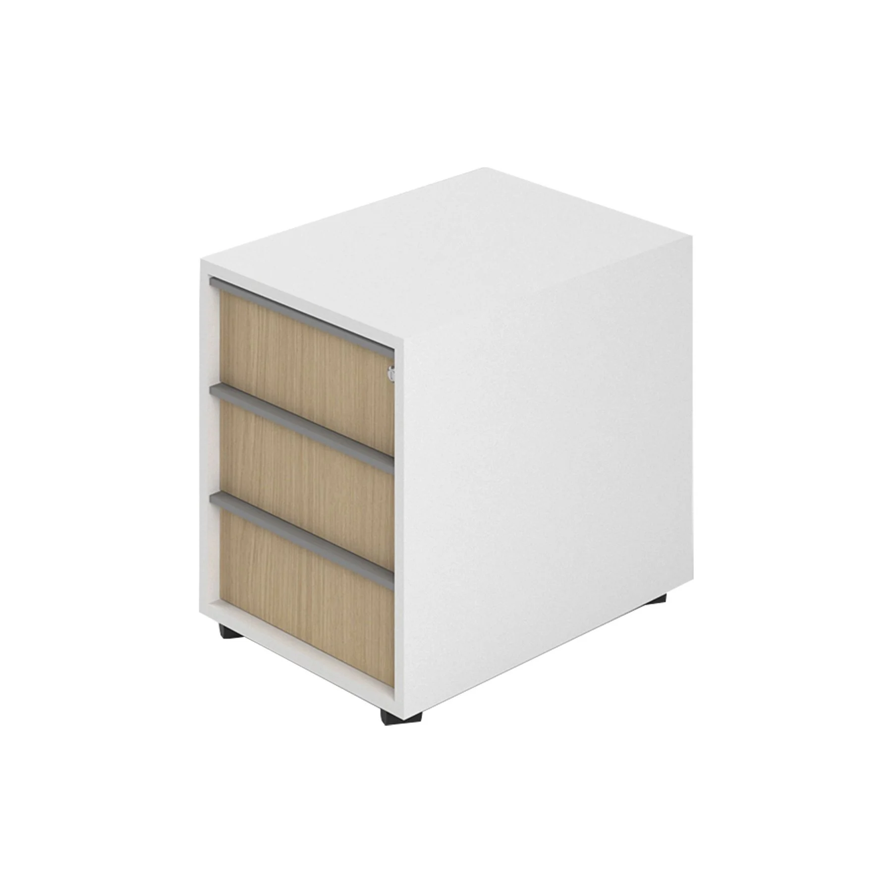 Desk container Narbutas Nova, 428 x 600 x 560 mm, with castors, particleboard, melamine bleached oak, white metal, grey handle