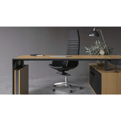 Desk Narbutas Motion, height-adjustable, electric, with left power supply, 2000 x 900 x 1200 mm, oak veneer, black HPL, black metal