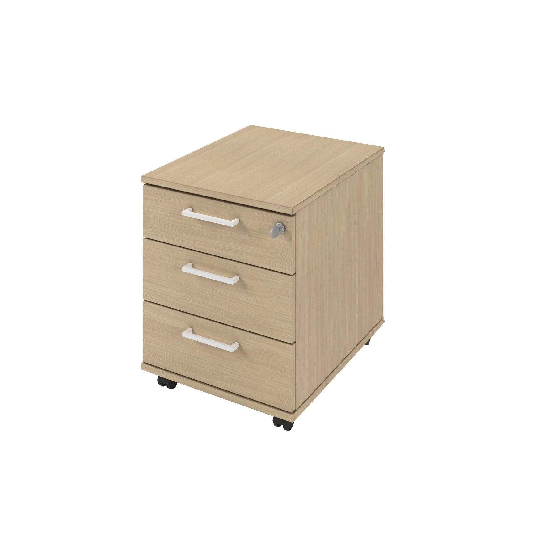 Desk pedestal Narbutas Optima, 415 x 500 x 510 mm, with castors, particleboard, melamine bleached oak, white rectangular handle