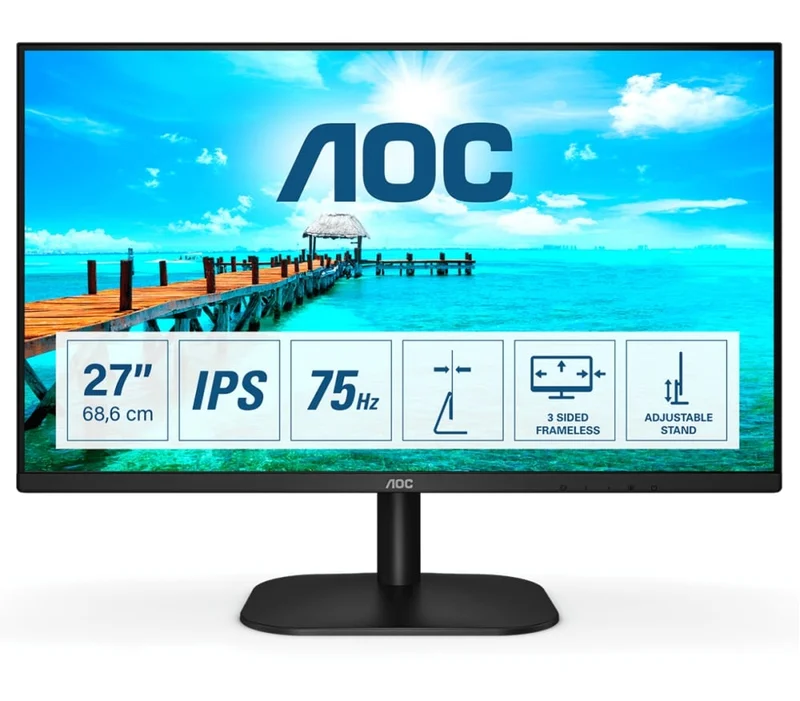 Монитор AOC 27B2DA, 27'', LED, 1920 x 1080, 250 cd/m2, 4 ms, HDMI, VGA, IPS, 16:9, 75 Hz, черен