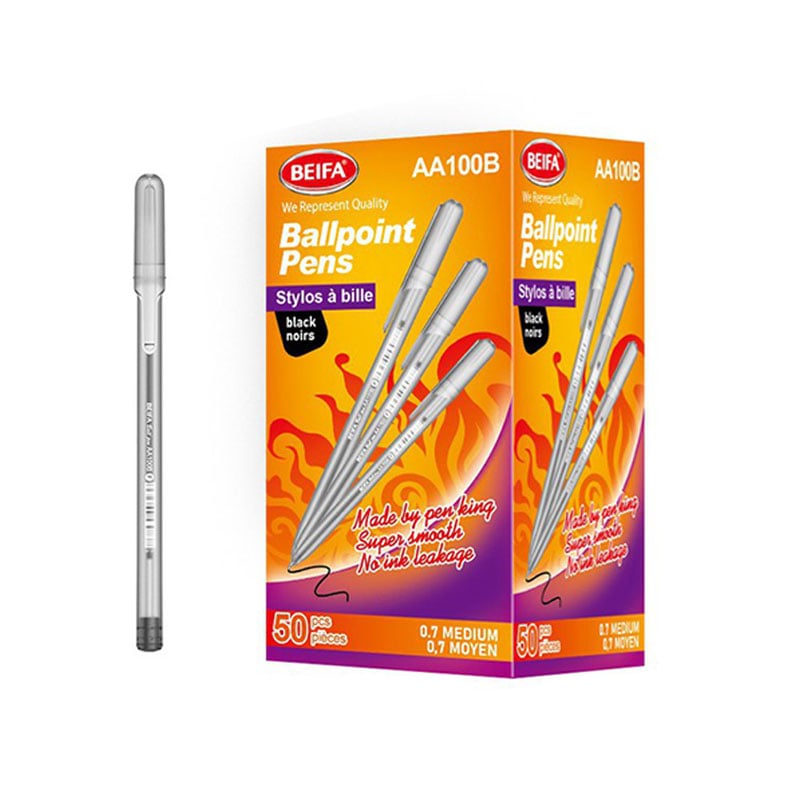 Beifa pen AA100B-50B1, 0.7 mm, transparent, black ink, 50 pcs