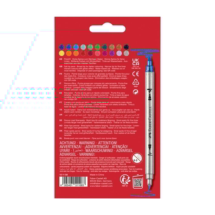 Faber-Castell Glitter fibre-tip pens, double-ended, 20 colors